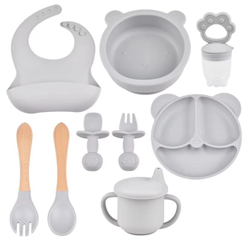 9Pce/Set Children'S Silicone Tableware Set Baby Adjustable Bib Divided Plate Drinking Cup Baby Suction Cups Bowl and Spoon Fork
