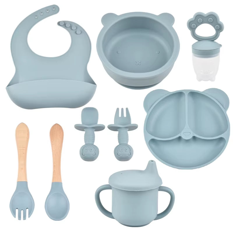 9Pce/Set Children'S Silicone Tableware Set Baby Adjustable Bib Divided Plate Drinking Cup Baby Suction Cups Bowl and Spoon Fork