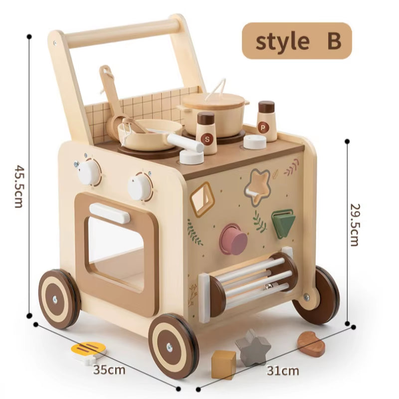 Wooden Multi-Functional Early Education Stroller for Children Aged 0-3 Years Old. Baby Walking Aid Stroller