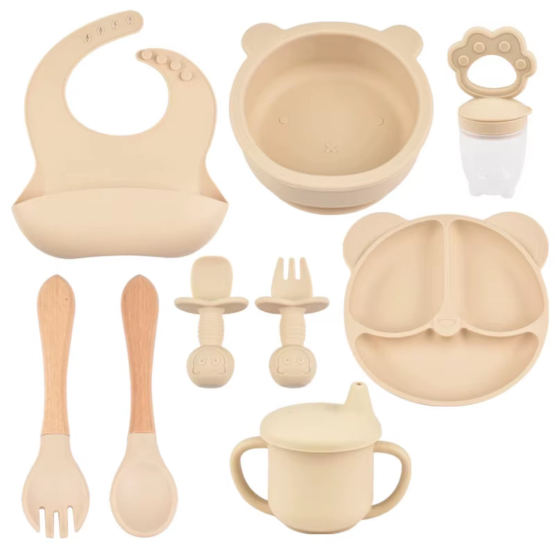 9Pce/Set Children'S Silicone Tableware Set Baby Adjustable Bib Divided Plate Drinking Cup Baby Suction Cups Bowl and Spoon Fork