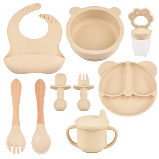 9Pce/Set Children'S Silicone Tableware Set Baby Adjustable Bib Divided Plate Drinking Cup Baby Suction Cups Bowl and Spoon Fork