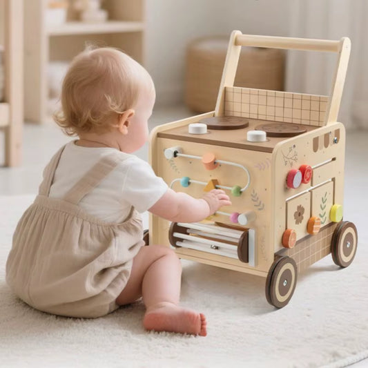 Wooden Multi-Functional Early Education Stroller for Children Aged 0-3 Years Old. Baby Walking Aid Stroller