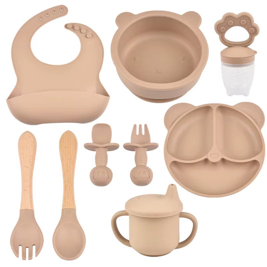 9Pce/Set Children'S Silicone Tableware Set Baby Adjustable Bib Divided Plate Drinking Cup Baby Suction Cups Bowl and Spoon Fork