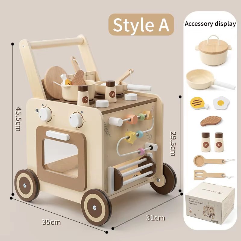 Wooden Multi-Functional Early Education Stroller for Children Aged 0-3 Years Old. Baby Walking Aid Stroller