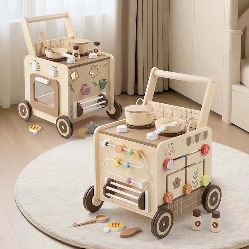 Wooden Multi-Functional Early Education Stroller for Children Aged 0-3 Years Old. Baby Walking Aid Stroller