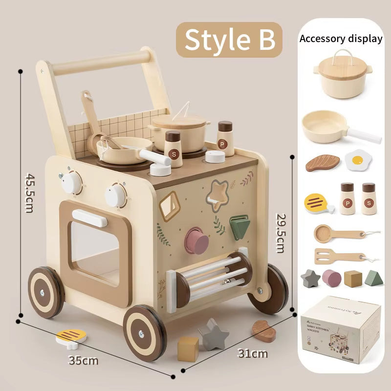 Wooden Multi-Functional Early Education Stroller for Children Aged 0-3 Years Old. Baby Walking Aid Stroller