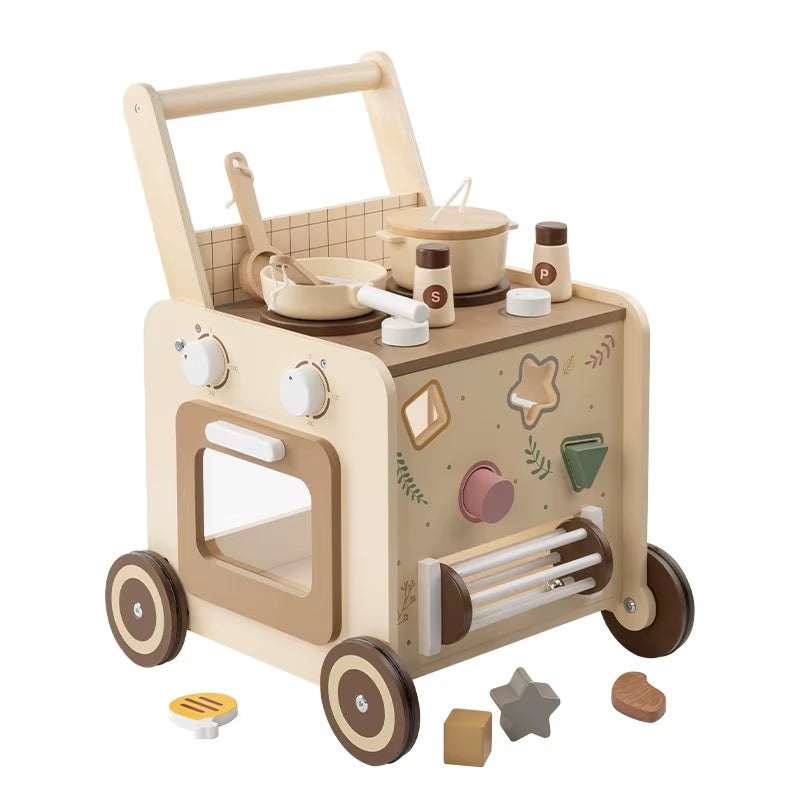 Wooden Multi-Functional Early Education Stroller for Children Aged 0-3 Years Old. Baby Walking Aid Stroller