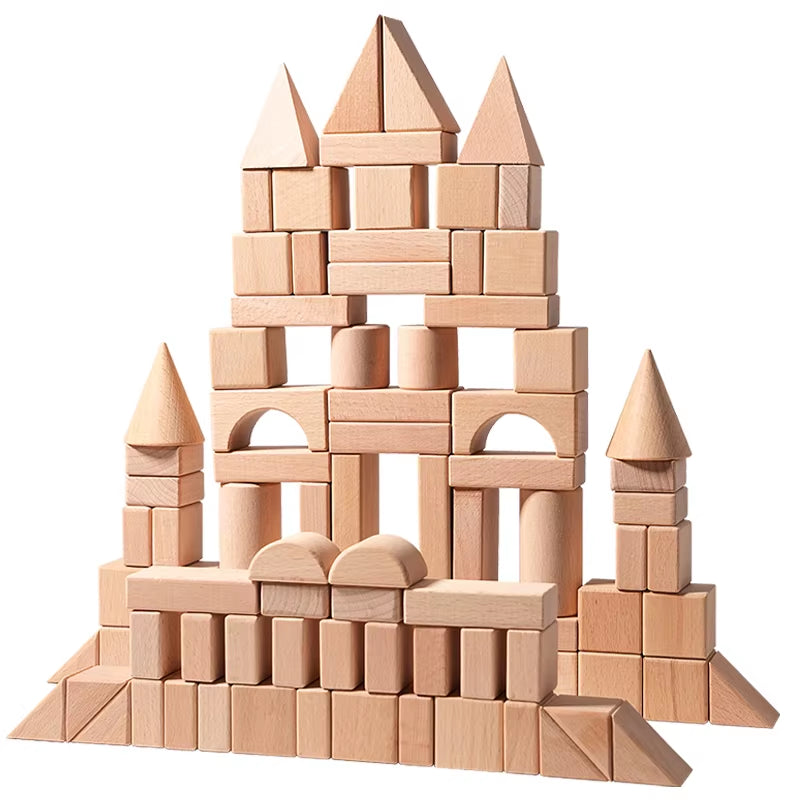 100Pcs Building Blocks for Toddlers Natural Wood Geometric Storage Bucket and Shape Sorter Lid Montessori Educational Toys