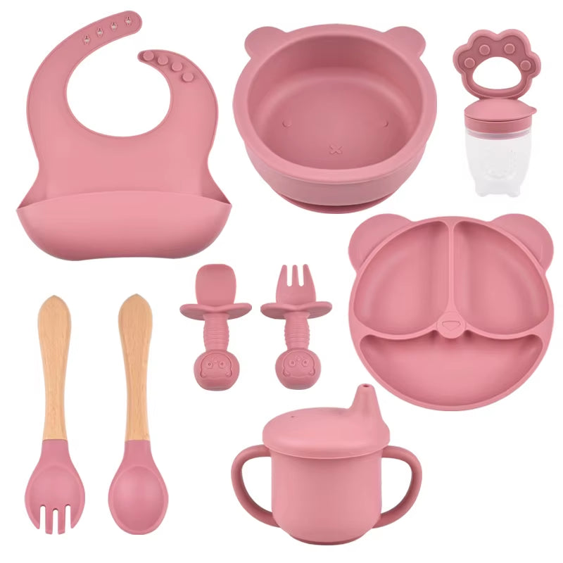 9Pce/Set Children'S Silicone Tableware Set Baby Adjustable Bib Divided Plate Drinking Cup Baby Suction Cups Bowl and Spoon Fork